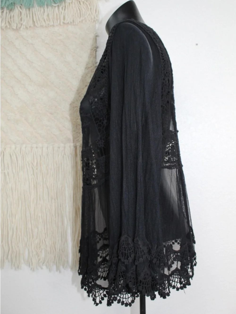 Shyanne Medium Black Sheer Lace Crochet Peplum Top Bell sleeve wester wear - Picture 7 of 9